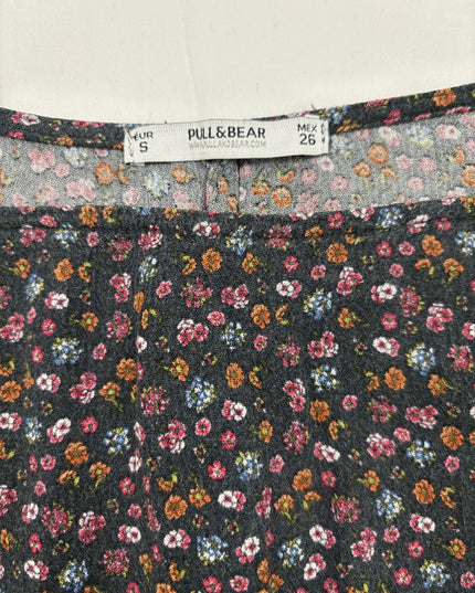 Pull & Bear Black Ditsy Floral Chiffon Crop Blouse - XS