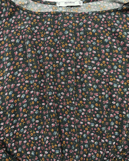 Pull & Bear Black Ditsy Floral Chiffon Crop Blouse - XS