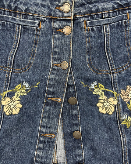 Topshop Moto Y2K Embroidered Button-Front Denim Mini Skirt - M | Waist: 28"