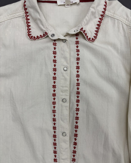 Per Una Embroidered Cotton Button-Up White Shirt - XXL