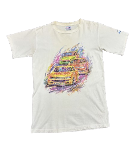 Ameri Tees Racing Akzo Graphic Yellow Cars White T-Shirt - M