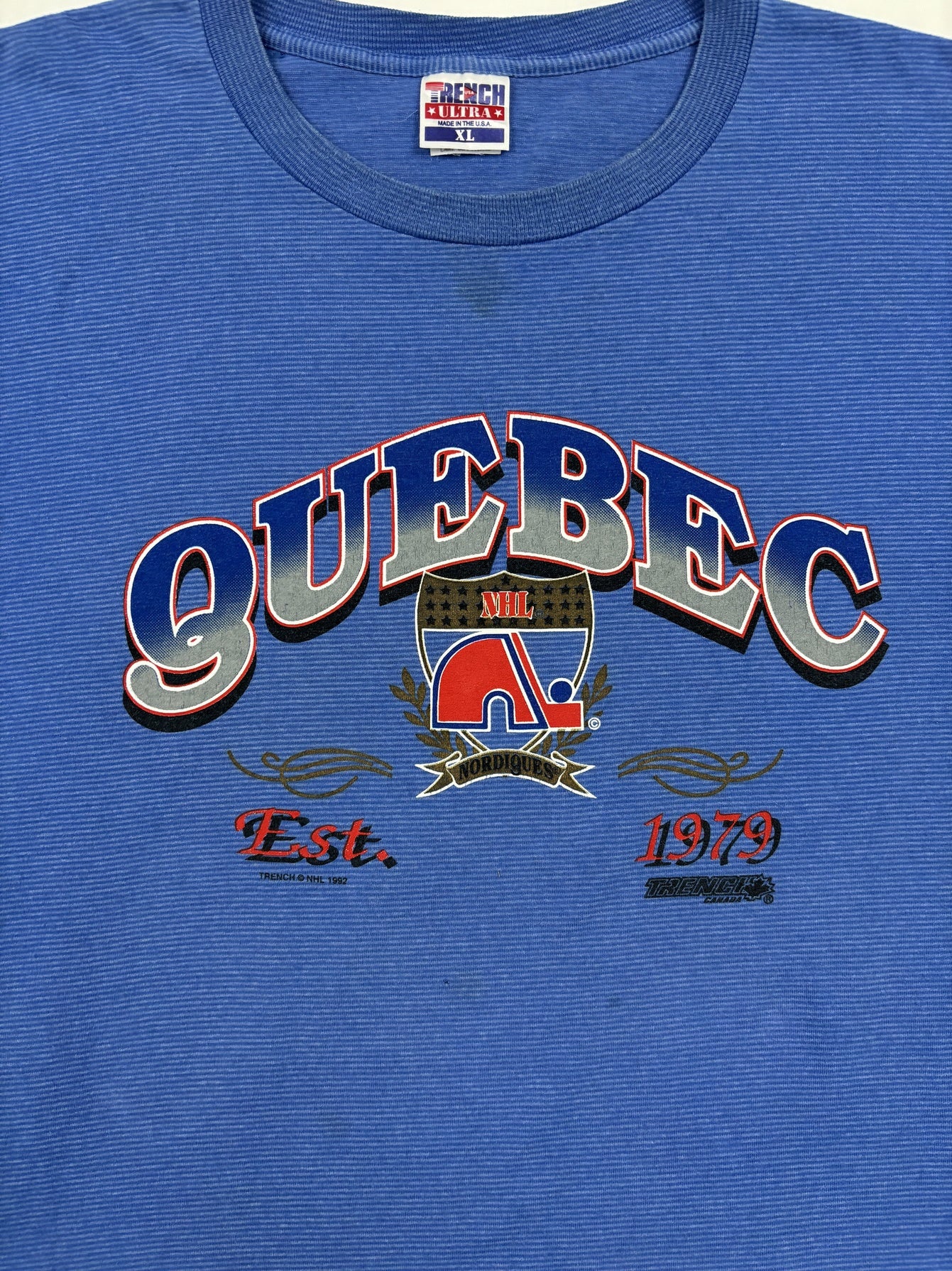 Vintage Made in USA Trench Ultra Quebec Nordiques 1979 Blue NHL Graphic T-Shirt - XL