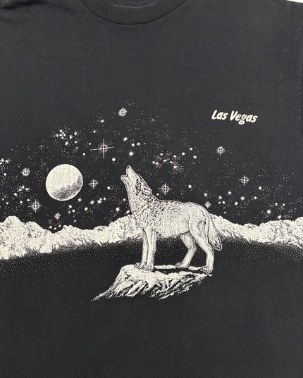 Vintage Anvil Las Vegas Howling Wolf Desert Moon Graphic Black T-Shirt - L