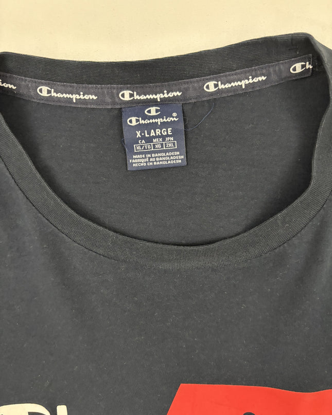 Champion Vintage Black Red Spell Out Logo Crew Neck T-Shirt - L