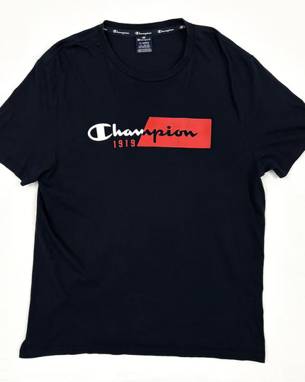 Champion Vintage Black Red Spell Out Logo Crew Neck T-Shirt - L