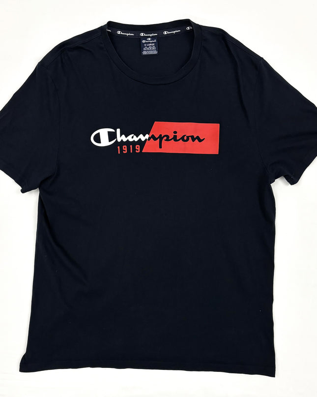 Champion Vintage Black Red Spell Out Logo Crew Neck T-Shirt - L