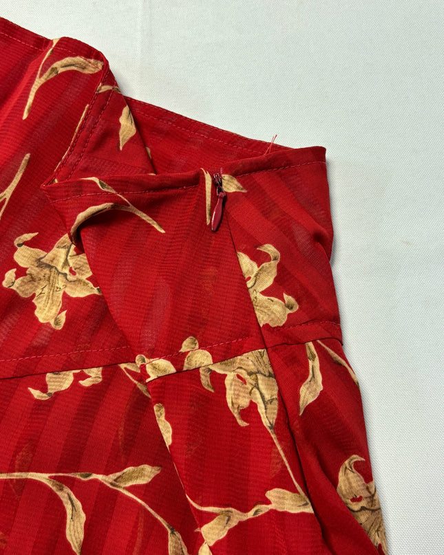 Red Floral Asymmetrical Handkerchief Hem Vintage Boho Style Skirt