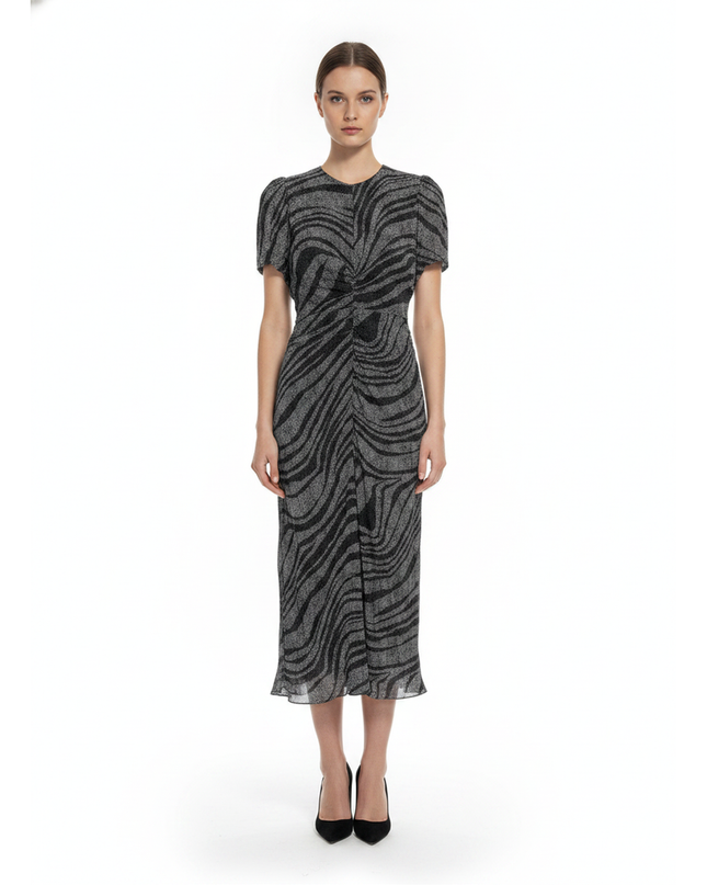 Reiss Grey Zebra Print Ruched Midi Dress