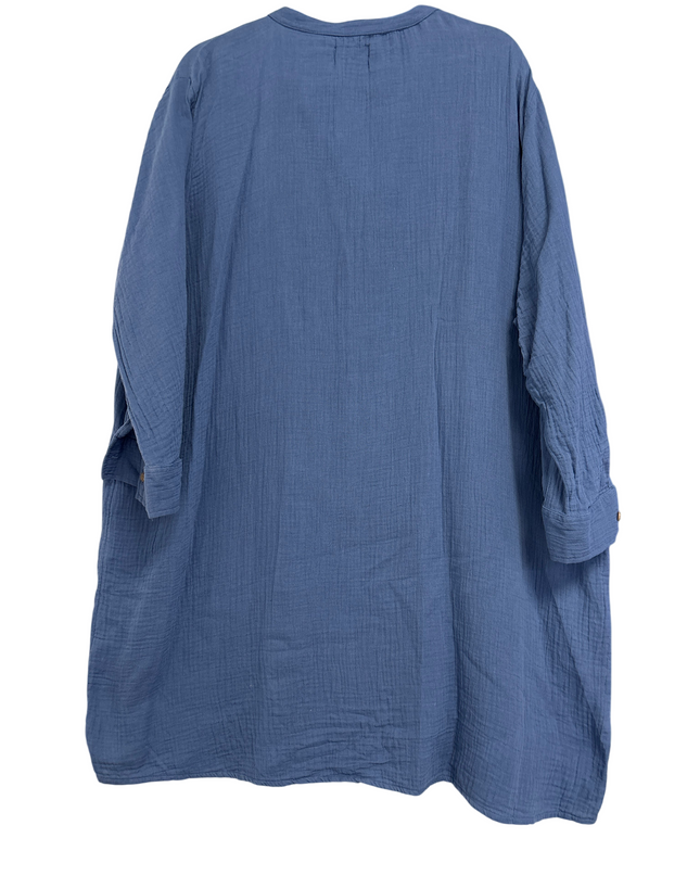 Papaya Blue Gauze Button-Down Relaxed V-Neck Dress