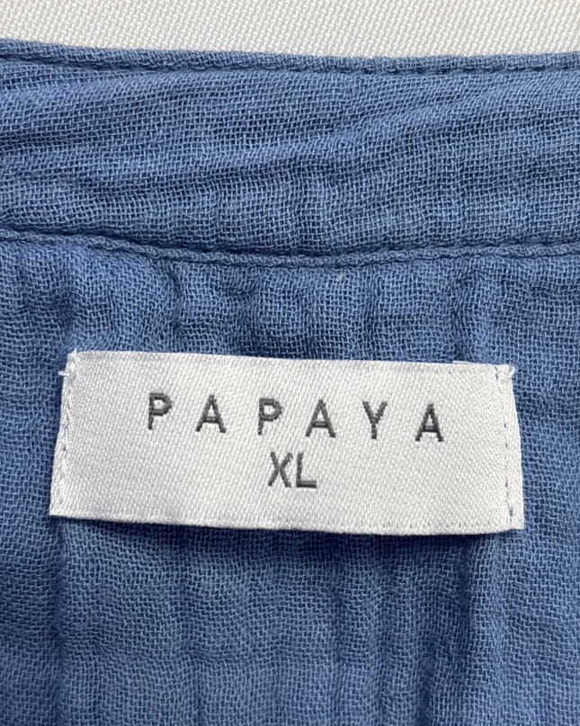 Papaya Blue Gauze Button-Down Relaxed V-Neck Dress