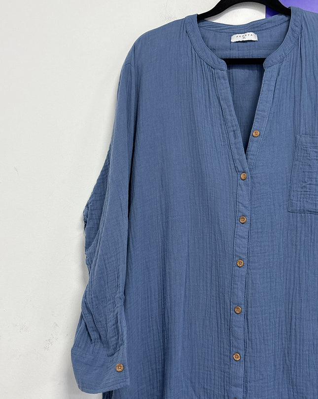 Papaya Blue Gauze Button-Down Relaxed V-Neck Dress