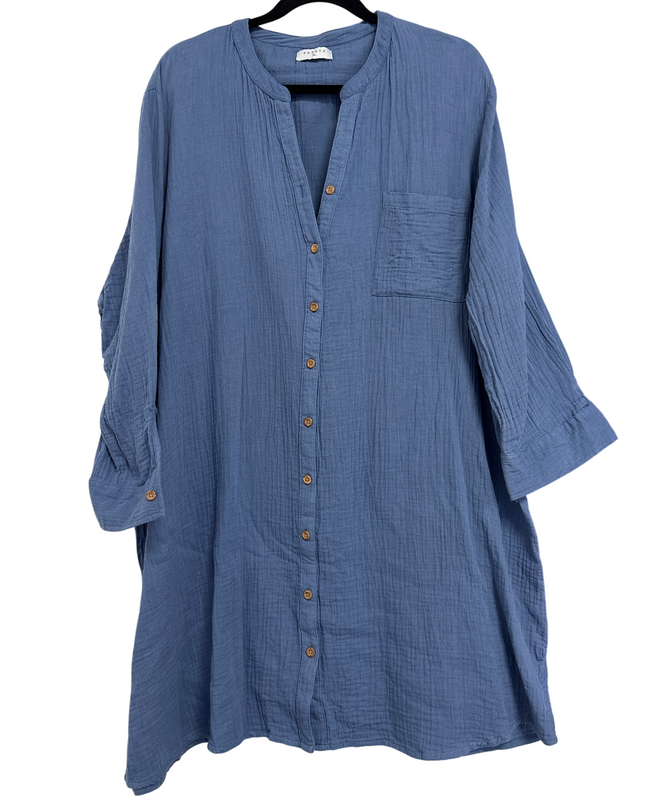 Papaya Blue Gauze Button-Down Relaxed V-Neck Dress