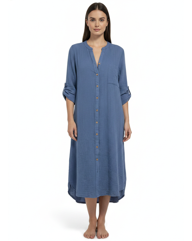 Papaya Blue Gauze Button-Down Relaxed V-Neck Dress