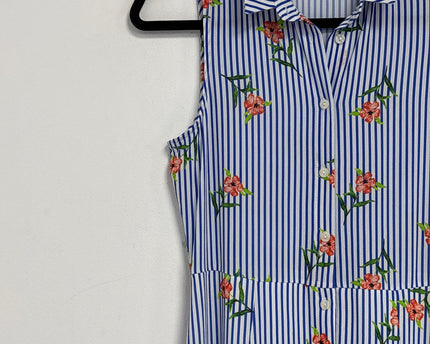 Koton Blue Floral Striped Sleeveless Shirt Dress