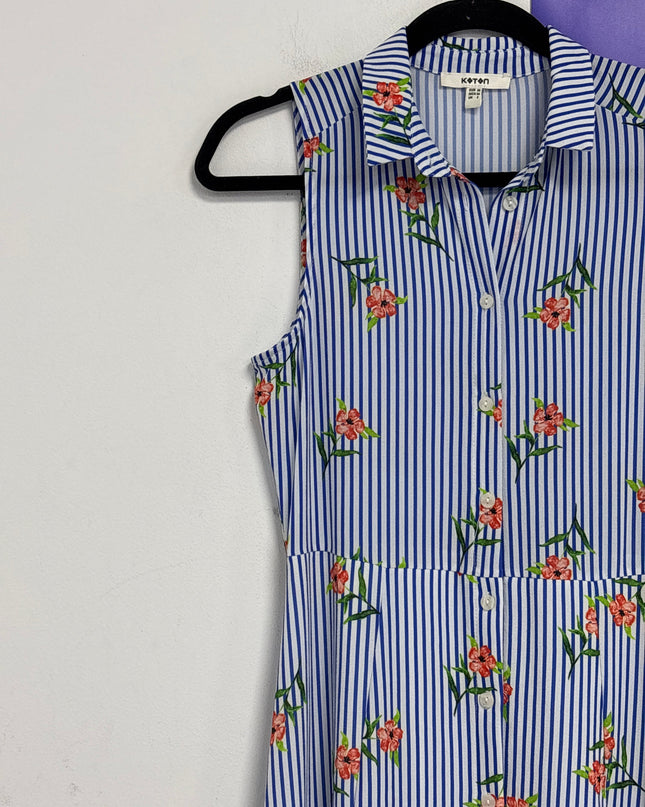 Koton Blue Floral Striped Sleeveless Shirt Dress