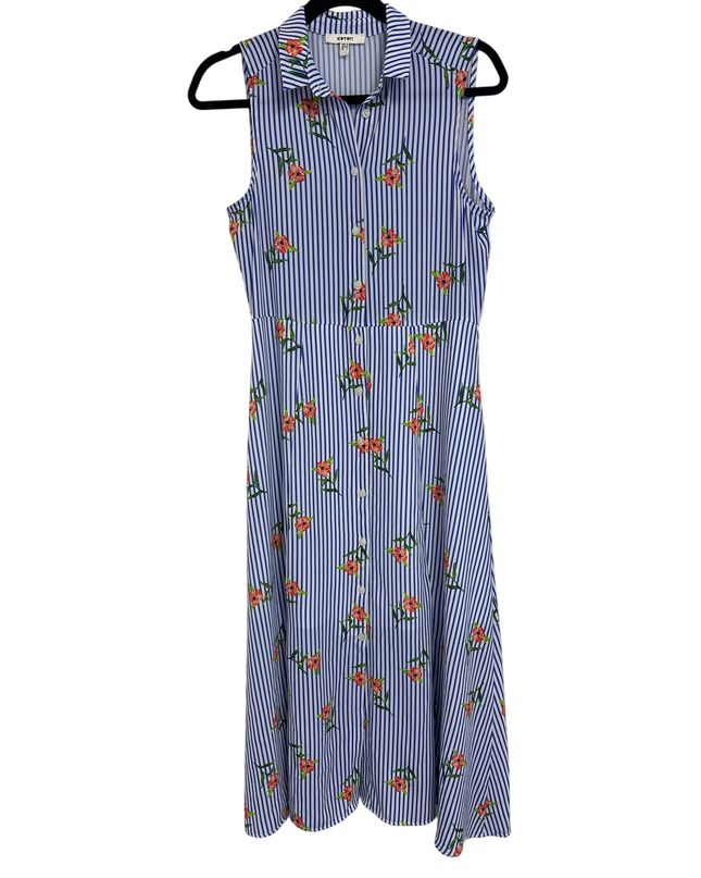 Koton Blue Floral Striped Sleeveless Shirt Dress