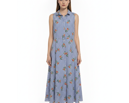 Koton Blue Floral Striped Sleeveless Shirt Dress