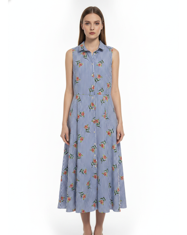 Koton Blue Floral Striped Sleeveless Shirt Dress