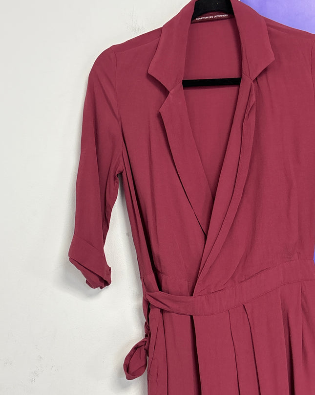 Comptoir Des Cotonniers Burgundy Wrap Belted V-Neck Dress