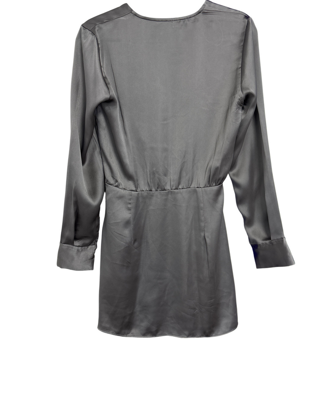 Zara Grey Satin Wrap Twisted V-Neck Mini Dress