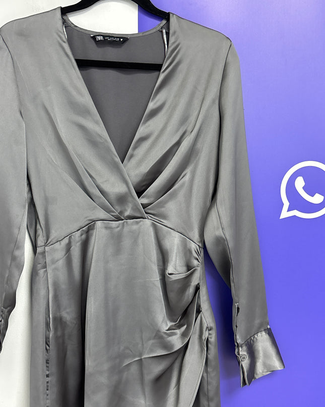 Zara Grey Satin Wrap Twisted V-Neck Mini Dress