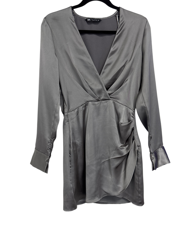 Zara Grey Satin Wrap Twisted V-Neck Mini Dress