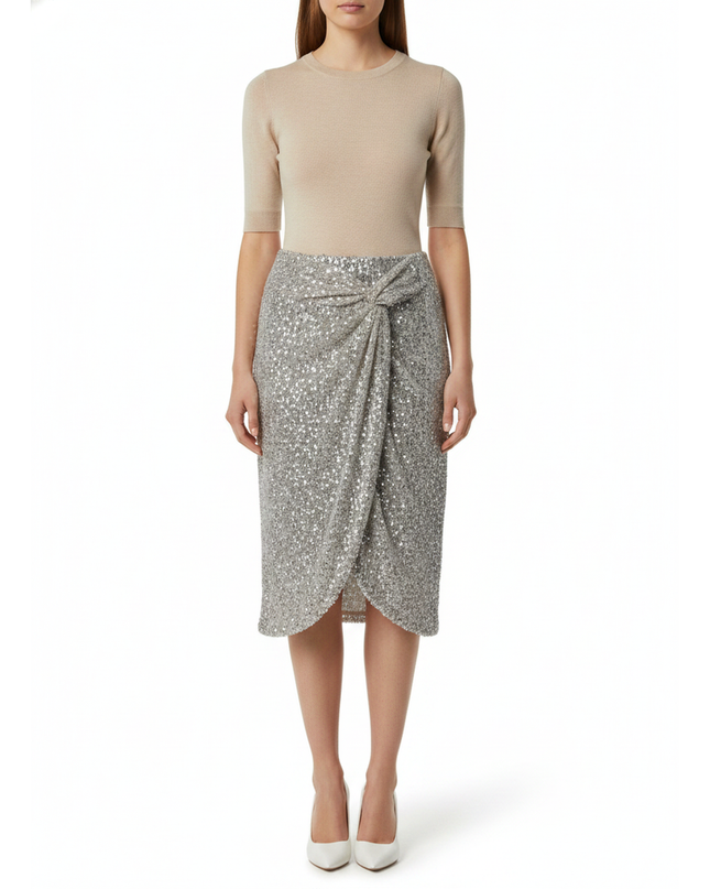Stradivarius Silver Sequin Knot Detail Midi Skirt