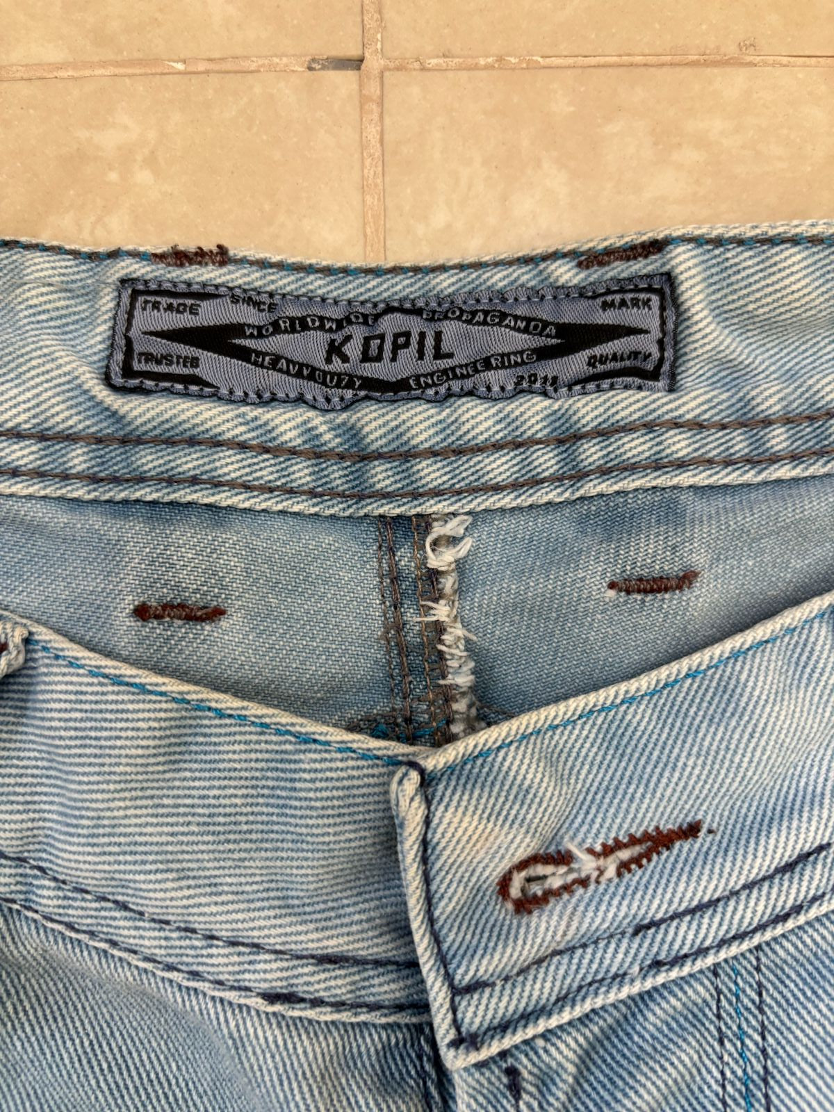 Kopil Distressed with Embellished Details Blue Denim Shorts- S | Waist: 30"