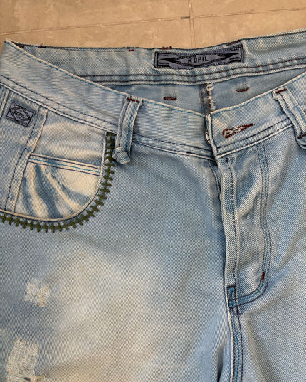 Kopil Distressed with Embellished Details Blue Denim Shorts- S | Waist: 30"