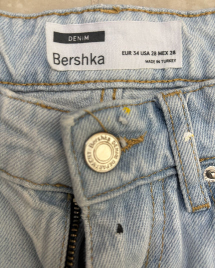 Bershka Distressed Women Denim Jean Mid Rise Blue Short - S | Waist: 28"