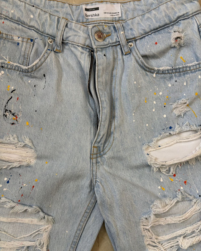 Bershka Distressed Women Denim Jean Mid Rise Blue Short - S | Waist: 28"