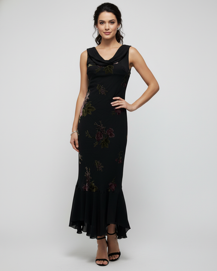Vintage Black Floral Embroidered with Flared Hem Midi Dress