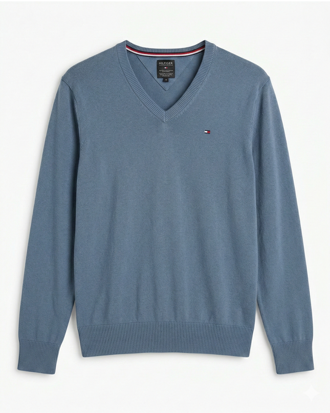 Hilfiger Denim Blue V-Neck Cotton Blend Sweater