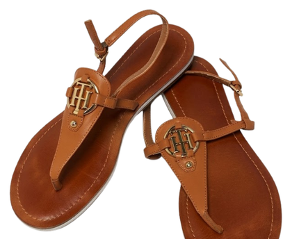 Tommy Hilfiger Light Brown T-Strap Logo Sandals W/Box