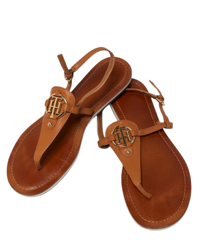 Tommy Hilfiger Light Brown T-Strap Logo Sandals W/Box