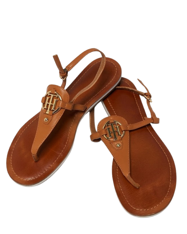 Tommy Hilfiger Light Brown T-Strap Logo Sandals W/Box