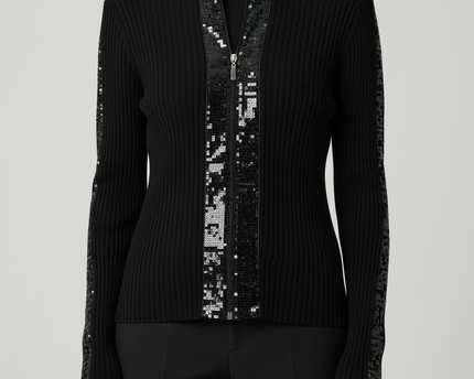 Black Ribbed Sequin Detail Zip-Up Cardigan