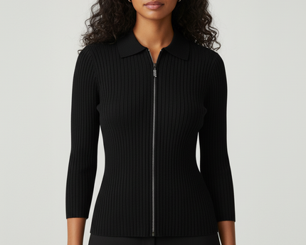 Belldini Black Ribbed Rhinestone Zipper Cardigan