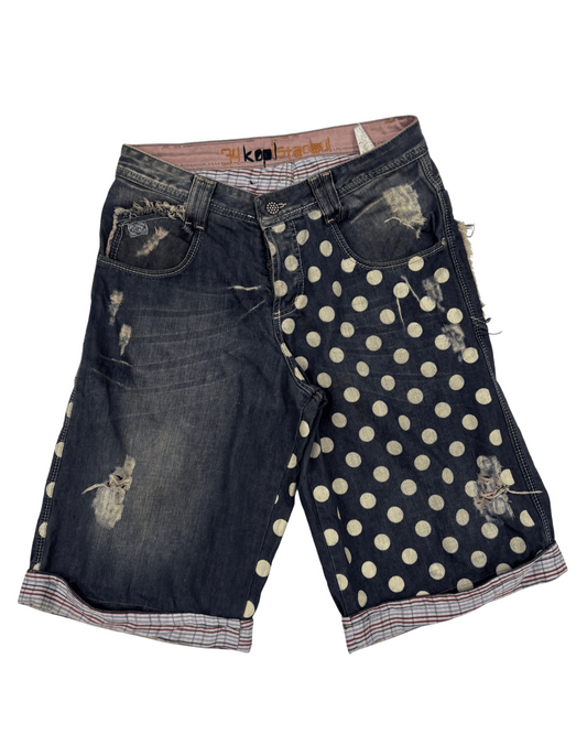 Kopl Istanbul Distressed Polka Dot Denim Shorts - L | Waist: 34"