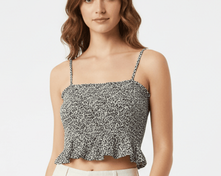 American Eagle Black & White Leopard Print Smocked Ruffle Hem Crop Cami Top