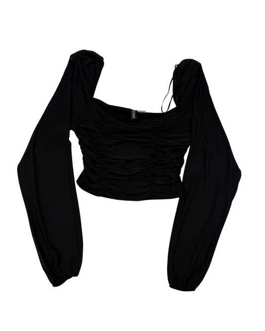 H&M Divided Ruched Mesh Long Sleeve Black Crop Top - XS