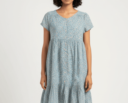 Ralph Lauren Blue Floral Cotton Button-Front Tiered Dress