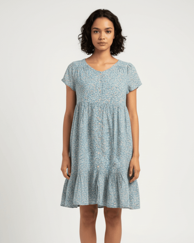 Ralph Lauren Blue Floral Cotton Button-Front Tiered Dress