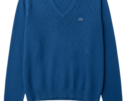 Lacoste Argyle Diamond Knit Blue V-Neck Sweater