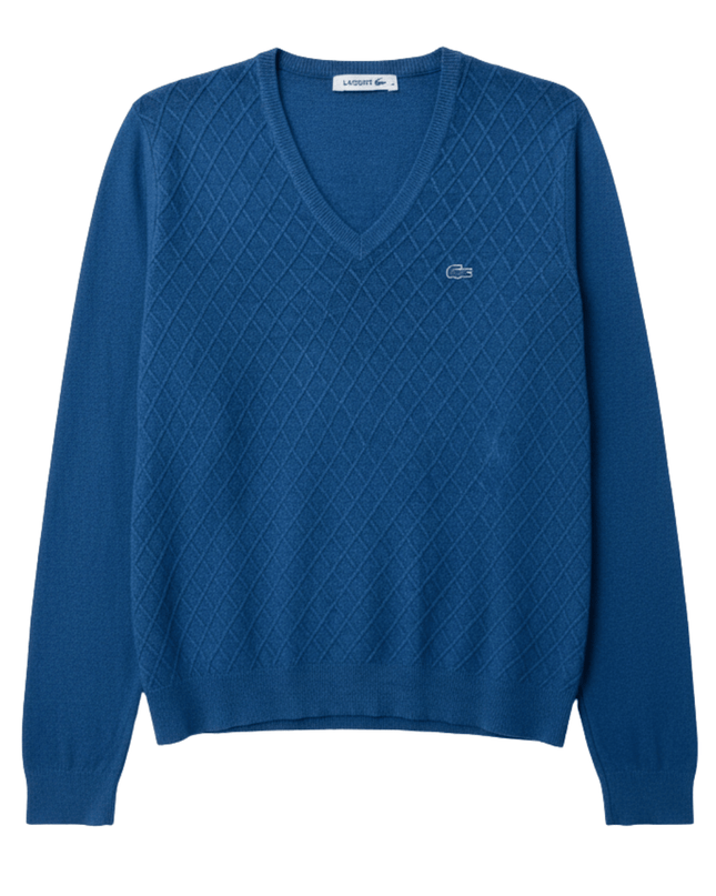 Lacoste Argyle Diamond Knit Blue V-Neck Sweater