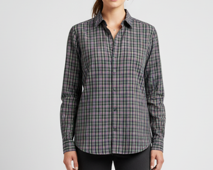 Calvin Klein Purple & Green Plaid Long Sleeve Cotton Shirt