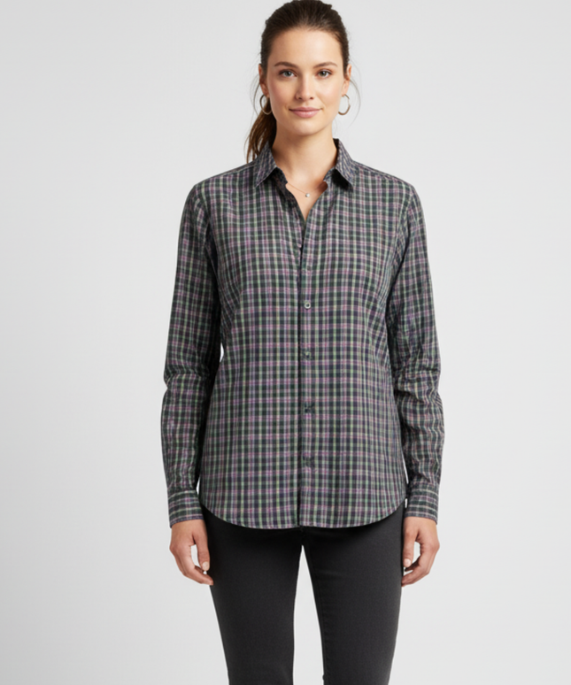 Calvin Klein Purple & Green Plaid Long Sleeve Cotton Shirt