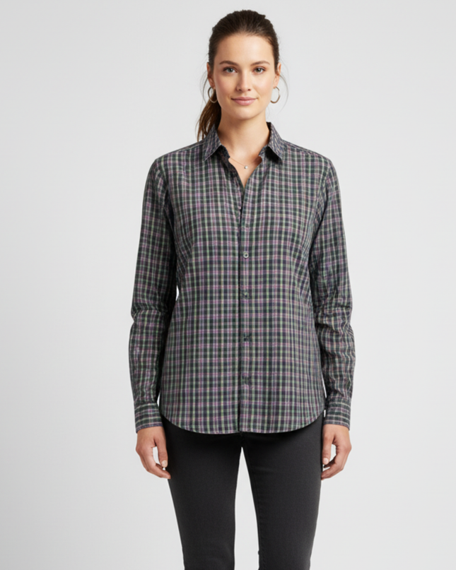 Calvin Klein Purple & Green Plaid Long Sleeve Cotton Shirt