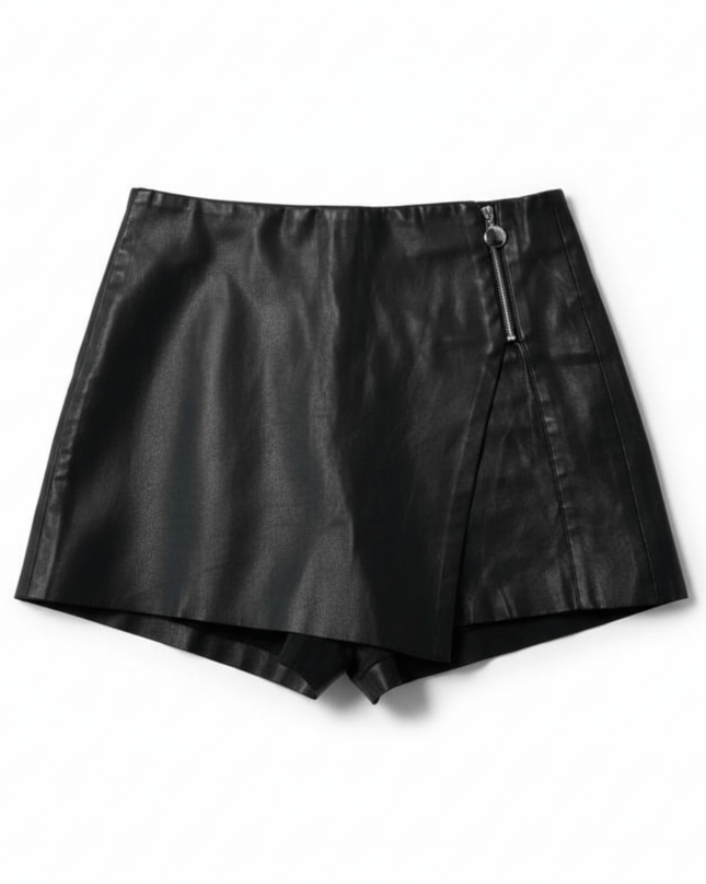 Zara Black Faux Leather Asymmetric Skort