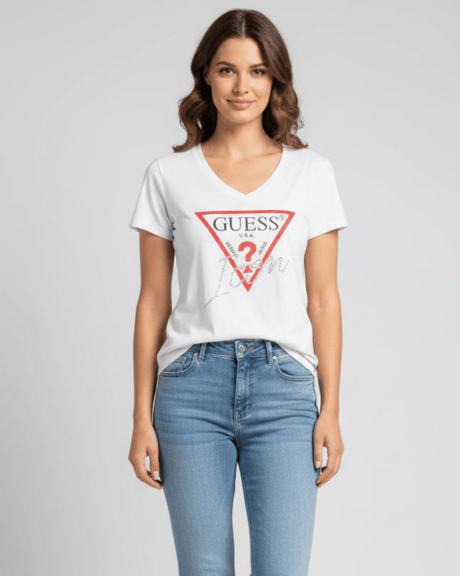 Guess Los Angeles White Logo with Rhinestone Detail T-Shirt